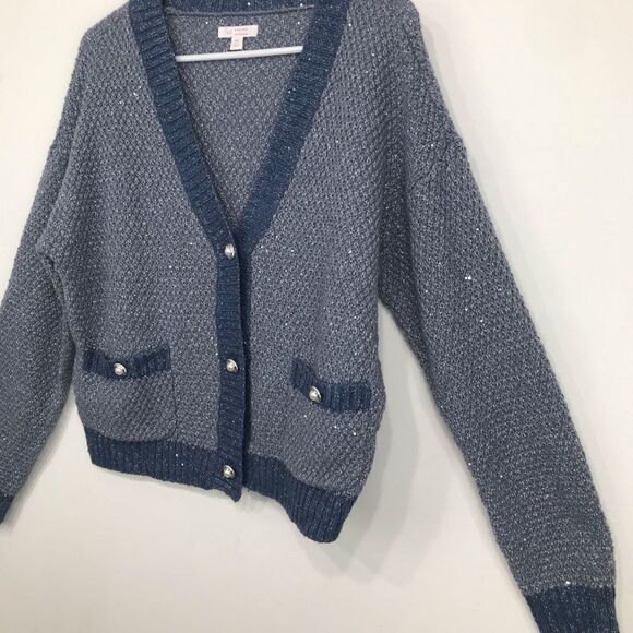 Lauren Conrad Dusty Blue Silver Sparkle V Neck Pearl Button Up Holiday Cardigan - Picture 4 of 16